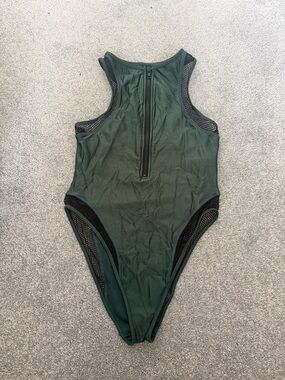 Forever 21 Dark Green One-Piece Swimsuit with Black Mesh Trim